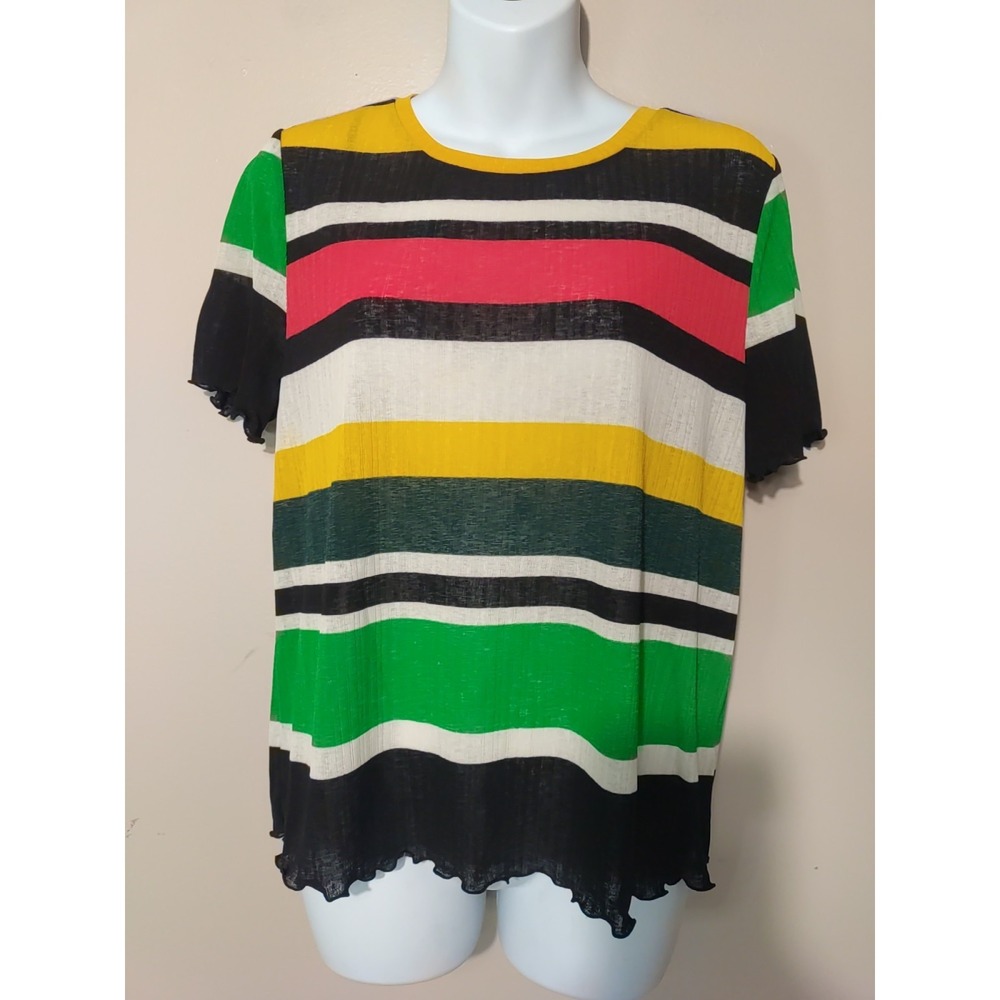 Nine West Women Multicolor Striped Stretch Semi Sheer Classic Top Size M
